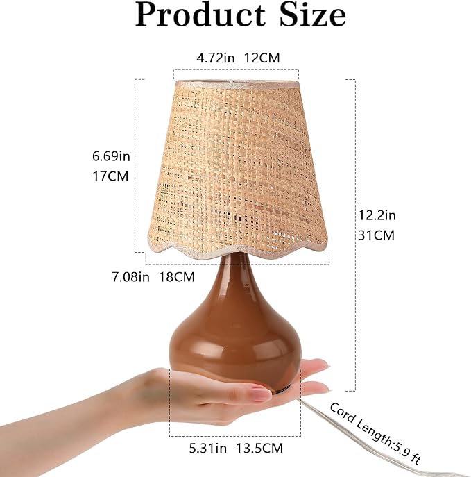 Brown Small Bedside Table Lamp for Bedroom, Farmhouse Bedroom Lamps for Nightstand, Rattan Lamp Shade Table Lamps for Small Spaces for Kitchen Counter, Home Office, Living Room, Kids Dorm