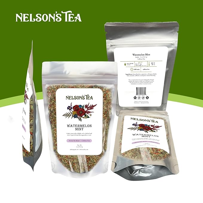 Nelson's Tea Watermelon Mint Tea Loose Leaf - Caffeine Free Green Rooibos Tea with Spearmint, Echinacea, Linden Leaf, Coriander, Safflower and Eucalyptus (1.6 oz)