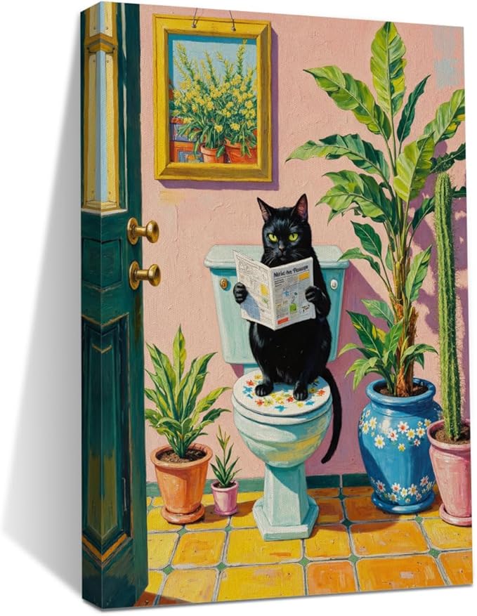 Funny Cat on Toilet Paintings Wall Art, Cat Lover Gifts, Botanical Wallpaper Canvas Framed Prints Modern Decorations, Pink Cute Poster for Living Room Bathroom Entryway Book Shelf Farmhouse