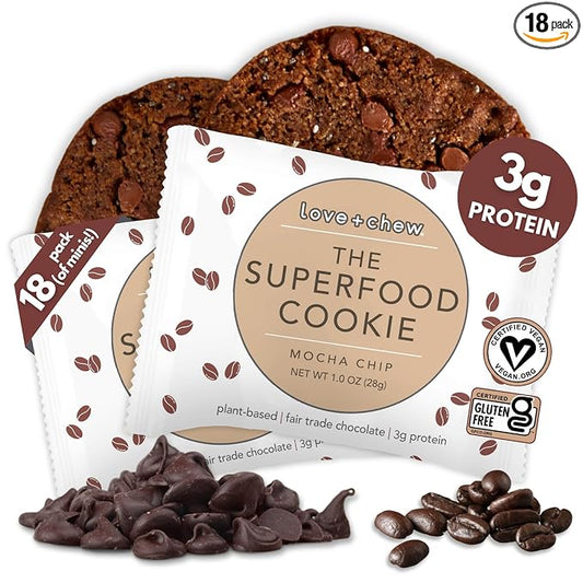 Love + Chew, Mocha Chip Minis - 18 Count - Tasty Gluten Free Cookies - Vegan - Healthy, Paleo, Non GMO Snacks - Individually Wrapped, Soft Baked Cookies - Made from High Protein Almonds - 1 Ounce Each