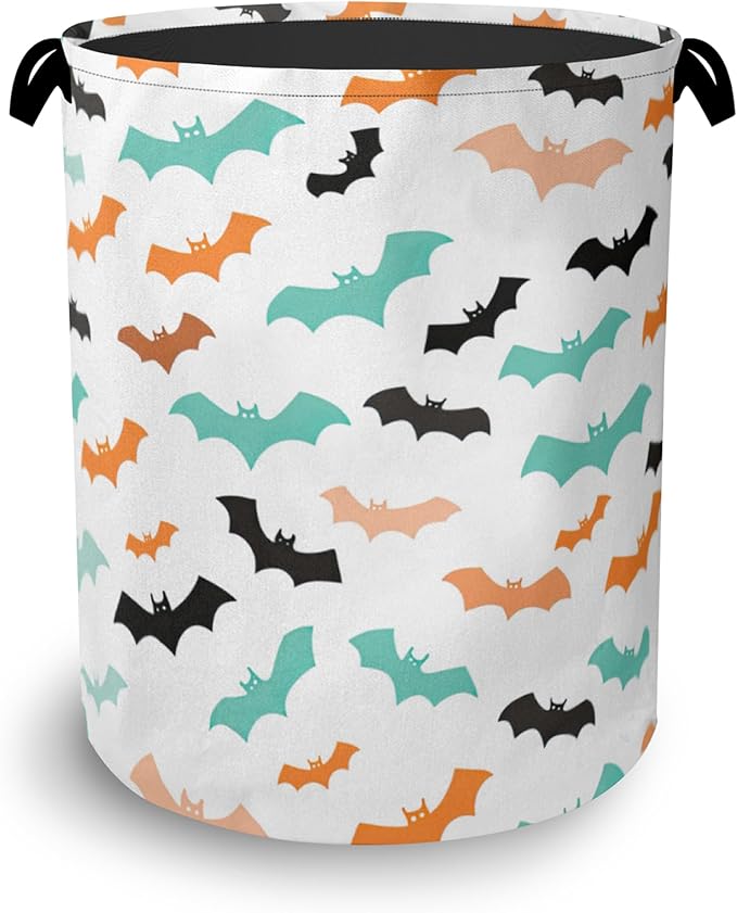 Colorful Bats Laundry Basket,Halloween Foldable with Handles Tote Bag Oxford Cloth for Bathroom Bedroom Dirty Clothes Storage Bucket 16" x 20.8"