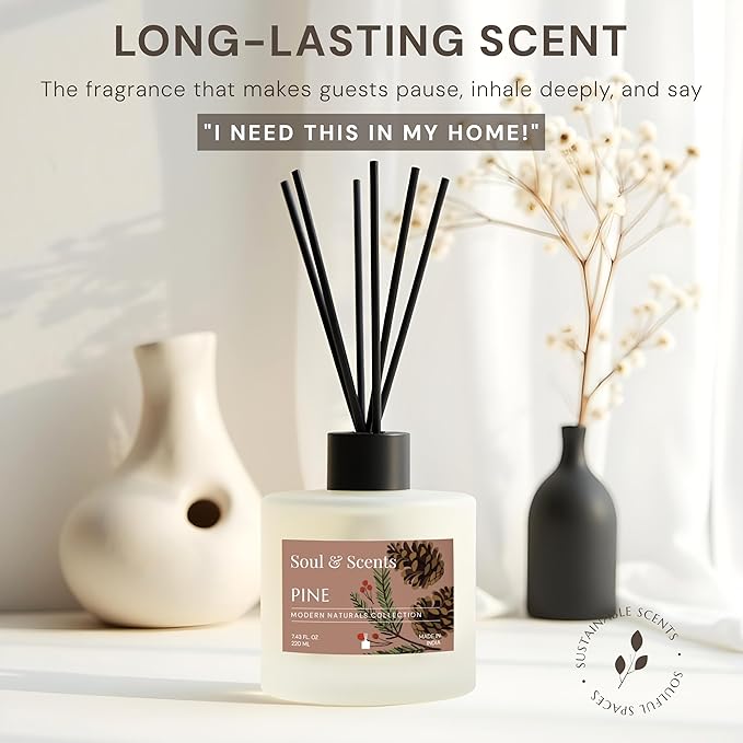 Soul & Scents Reed Diffuser Set – Pine | 7.43 oz Refillable Scented Oil with 6 Fiber Sticks | Long-Lasting Home Fragrance & Air Freshener for Bedroom, Bathroom, Office | Gift & Décor Piece