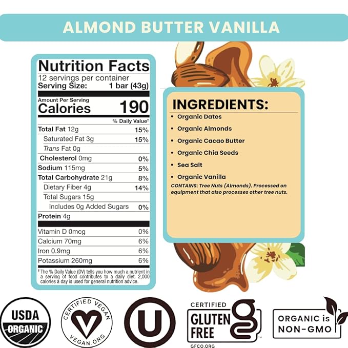 Bearded Brothers, Organic Vegan Protein Energy Bars, Almond Butter Vanilla (12 Pack) - Gluten Free, Paleo, Fiber, Whole 30 | Non GMO Low Glycemic Snacks (Packaging May Vary)