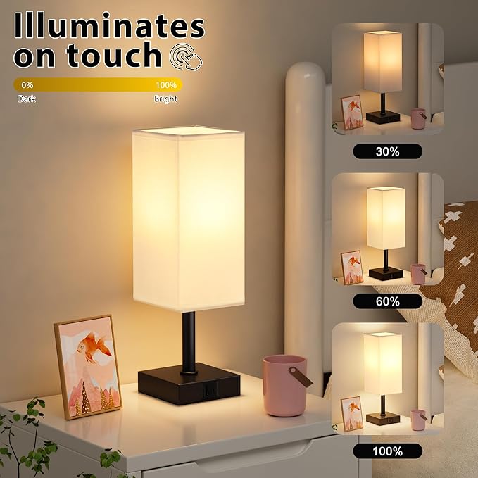 Ambimall Touch Control Table Lamp with USB A+C Charging Ports - 3 Way Touch Lamps Bedside, Nightstand Lamp for Bedrooms, LED Bulb Included(White Shade & Black Base)
