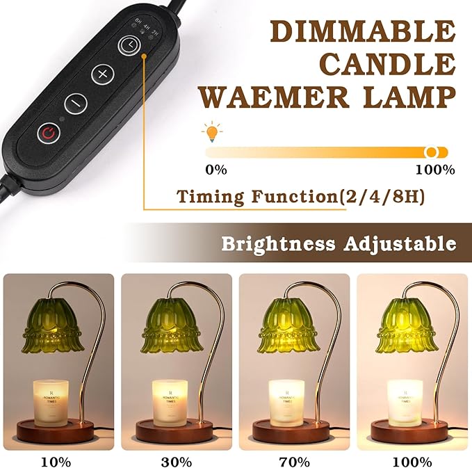 Dimmable Candle Warmer Lamp with Timer, Green Flower Candle Lamp Warmer for Jar Candles, Unique Women Mom Birthday Gifts Ideas, Fall Decor for Home Bedroom Living Room