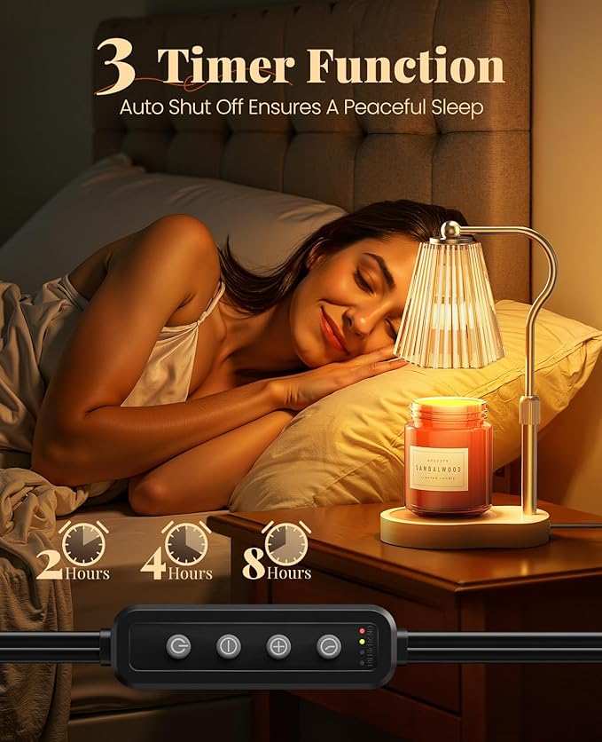 Candle Warmer Lamp, Wax Melt Warmer with 2 Bulbs for Scented Jar Candles, with Timer Dimmer Adjustable Height, Home Decor Gift for Girl Friend Mom Sister Women, No Flame No Smoke Warming Light, Amber