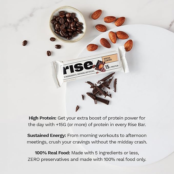 Rise Whey Protein Bars - Mocha Almond | Breakfast Bar & Protein Snack 15g Protein 4g Fiber Just 5 Whole Food Ingredients Gluten-Free Soy Free