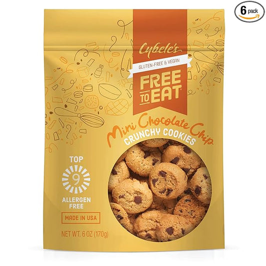 Cybele’s Free To Eat Gluten-Free & Vegan Mini Cookies - Plant-Based - Dairy, Soy, & Nut Free - Crunchy Cookie - School Safe Snack For Kids & Adults - (Mini Chocolate Chip, Pack of 6)