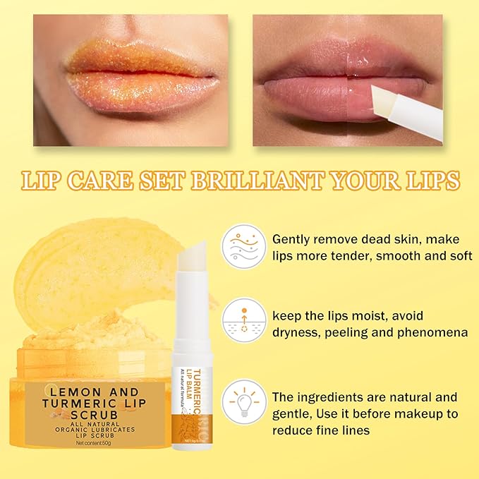 3PCS Lemon and Turmeric Lip Scrub & Turmeric Lip Balm with Brush Set, Lip Scrubber Exfoliator, Natural Nourish Sugar Lip Scrub for Dry, Chapped, Dull, Dark Lips, Reduce Fine Lines