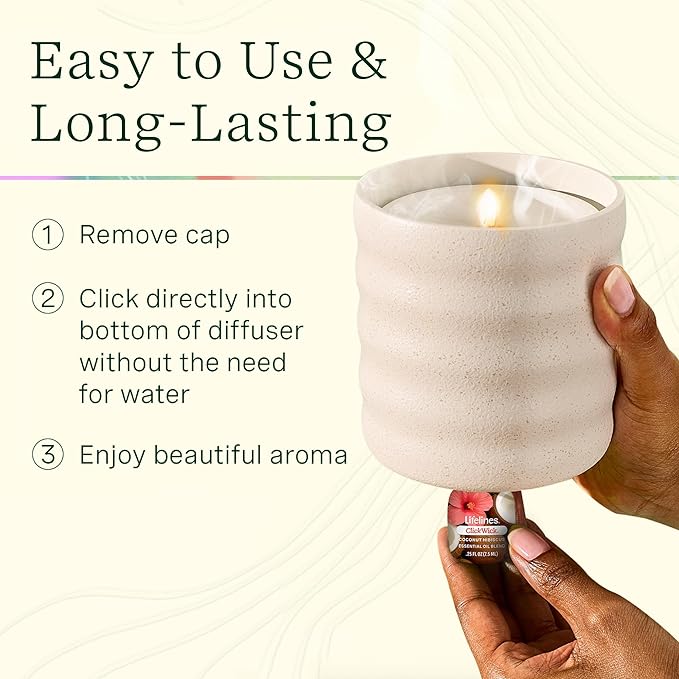 Lifelines Flameless Candle Aromatherapy Essential Oil Diffuser with 2 ClickWick Essential Oil Blends - Cordless & Waterless Diffuser for Home - Scented Electric Candles Blow Out Flame - Cream Bubble