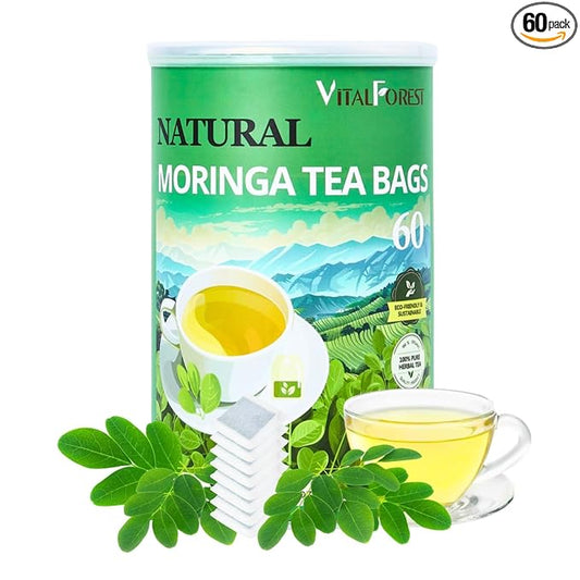 60 Natural Moringa Tea Bags, VitalForest Pure Moringa Leaves Te De Herb, Supports Digestion and Wellness, Caffeine-Free