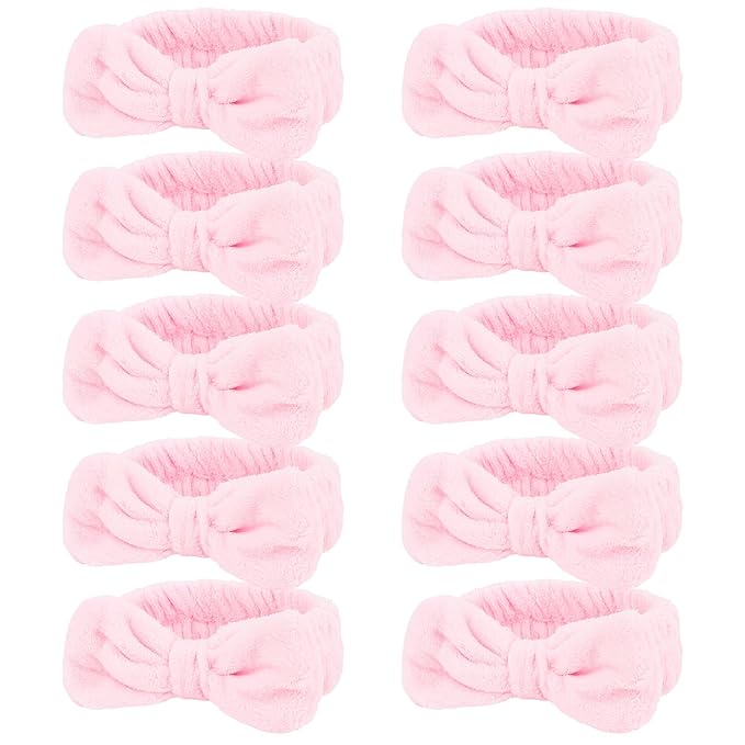 10 Pack Spa Headband for Washing Face Pink Skincare Headbands Bulk for Women Girls Soft Coral Fleece Hairband Cute Bow Headbands for Washing Face Makeup