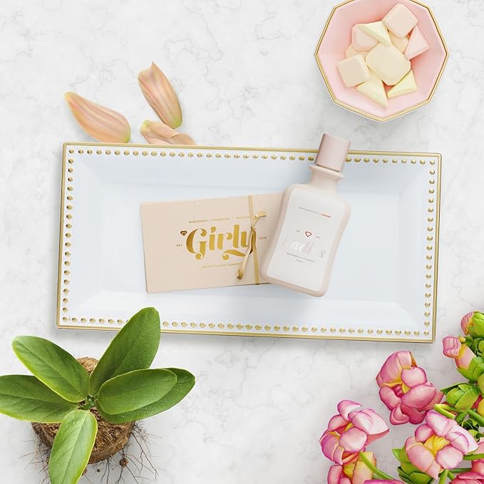 2 Pack White Bathroom Vanity Tray for Countertop with Beads, Small Plastic Toilet Tank Tray Versatile Storage Organization Tray for Makeup, Perfume, Desk, Kitchen, Candles, 14"x7"x1", 36W