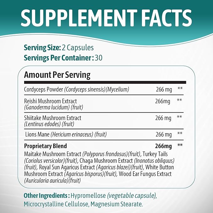 Brain Booster Mushroom Complex Supplement, Natural Mood Uplifter with 10 Function Mushrooms, Lions Mane, Reishi, Cordyceps and 7 More in Capsules 1330mg Made in USA, 60 Capsules