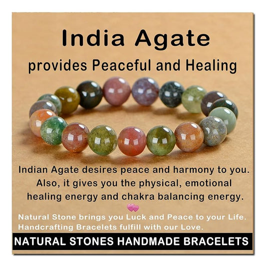 AD Beads Handmade Gemstone Stretch Elastic Bracelet Crystal Healing Reiki Nature's Beauty and Spiritual Essence Unisex (10mm, Indian Agate)