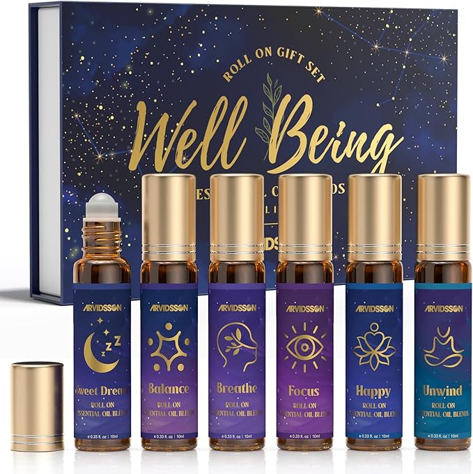 Essential Oils Roll On Set, Natural Aromatherapy Oil Roller for Body, Skin, Massage, Essential Oil Blends - Sweet Dream, Unwind, Breahte, Balance, Focus, Happy, Gifts for Women