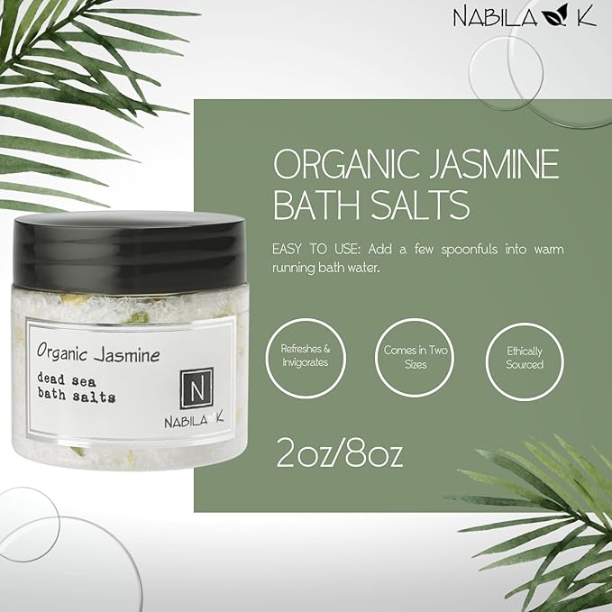 Organic Jasmine Bath Salts by Nabila K - Dead Sea Salt & Epsom Salt Scrub & Soak - Exfoliates & Hydrates Skin, Botanical Essential Oils - Bubble Bath Accessories for All Skins Types, 2 oz