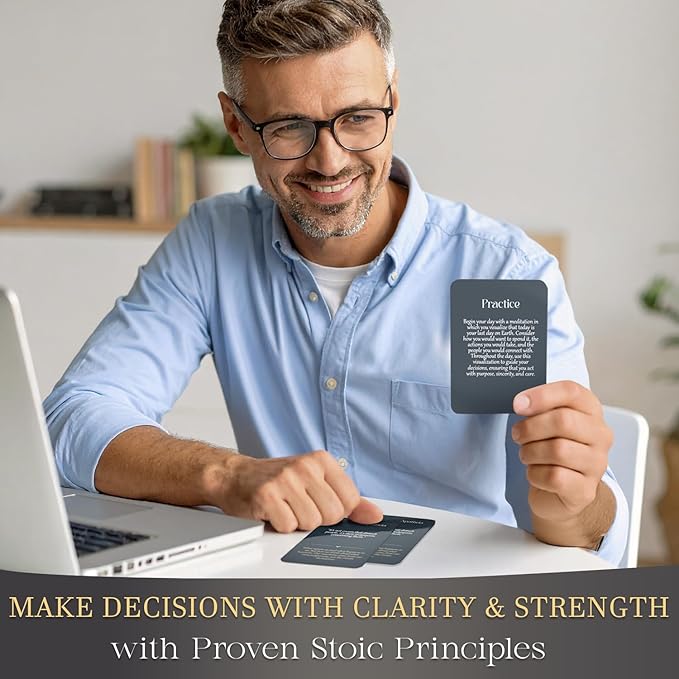 122 Daily Stoic Quotes with Explanations & Practices, Marcus Aurelius Stoicism Cards, Wooden Stand, Gift Box, Inner Strength Wisdom Stoic Reminders, Mindfulness Deck, Unique Home Office Gifts Décor