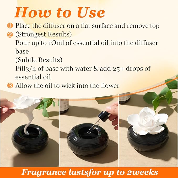 Honeydak 2 Pcs Flower Passive Essential Oil Diffuser Stone White Ceramic Porcelain Floral Diffuser with Container Non Electric Handmade Decorative Tabletops Home Decoration Christmas (Camellia)