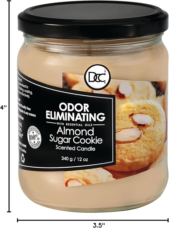 Almond Sugar Cookie Odor Eliminating Highly Fragranced Candle - Eliminates 95% of Pet, Smoke, Food, and Other Smells Quickly - Up to 80 Hour Burn time - 12 Ounce Premium Soy Blend