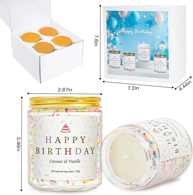 Happy Birthday Candles Set, 4 Pack Birthday Candle Gifts for Women, Unique Best Friend Birthday Gifts Ideas for Her and Him, Natural Soy Candle Scent of Vanilla Coconut/Lavender/Eucalyptus Mint - 7oz