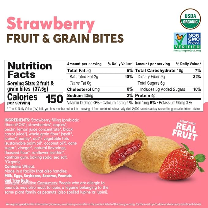 Olyra Strawberry Organic Fruit Bars, Prebiotic High Fiber Snack, Gut Health, Fruit Filled & Whole Grain Bites, Kids Healthy Snacks, Low Sugar, Vegan, USDA Certified Organic, Non GMO (Pack of 24)
