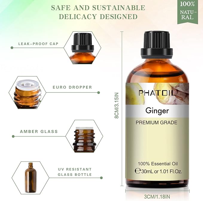Ginger Essential Oil, 1.01Fl.Oz (30ML) PHATOIL Pure Essential Oil Singles for Aromatherapy Diffusers, Humidifiers, Great for DIY Candle and Soap Making, Gift for Friend