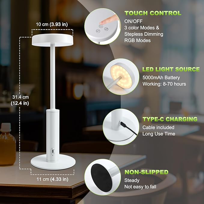 Cordless Table Lamp,Portable Rechargeable Battery Desk lamp,3 CCT & 7 RGB Color Changing Dimmable Bedside Lamp,Touch Control Ambient Light for Bedroom/Dining Room/Restaurant/Cafe(White)