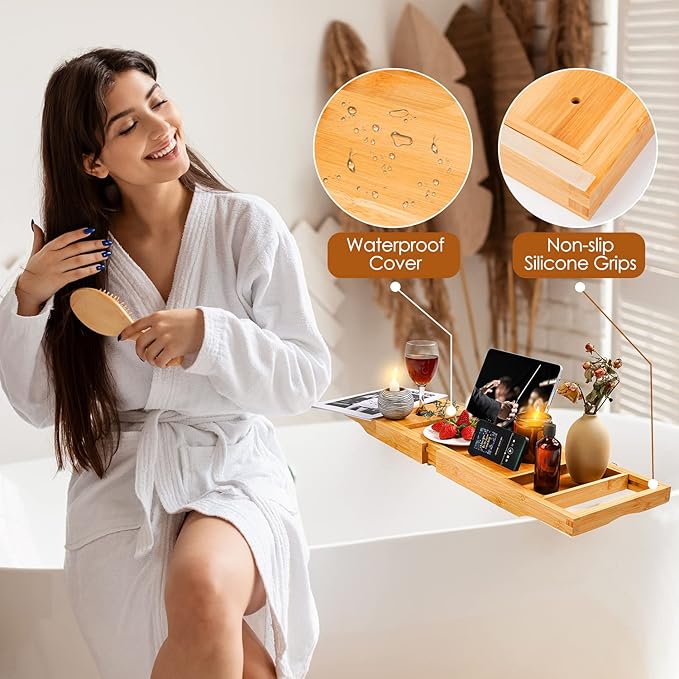 Foldable Bathtub Caddy Tray, Bamboo Bath Tub Tray Table for Tub with Wine Glass Holder Book Phone Tablet Holder with Extending Sides, Adjustable Bathroom Bathtub Free Soap Holder Gift Idea (Beige)