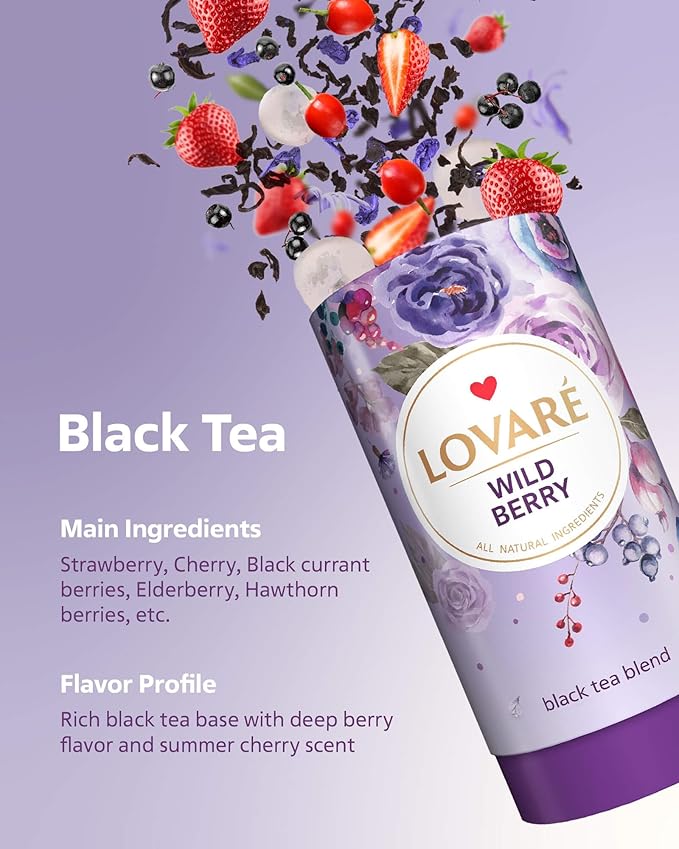 LOVARE Wild Berry Loose Leaf Tea 80 g - Made in Ukraine - Black Tea, Cherry, Roses, Hawthorn Berries, Elderberry, Black Currant Berries, Strawberry - Gift Box with 15 Paper Filters