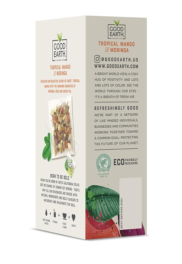 Good Earth Sensorial Blend Flavored Herbal Tea Tropical Mango and Moringa, No Artificial Color, No Preservatives, 15 Bag (Pack of 5)