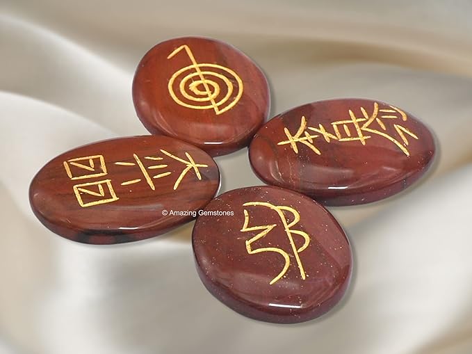 Amazing Gemstone Red Jasper Crystal Reiki Stones with Engraved Symbols for Usui Reiki Healing, Set of 4 Pcs (Indian Handmade Reiki Gift Set)