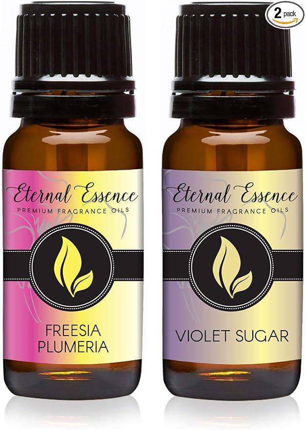 Eternal Essence Oils 2 Pack 10ml Premium Fragrance Oil - Freesia Plumeria & Violet Sugar - for Candle, Soap Making, Aromatherapy, Diffusers, Home Care, & Humidifiers