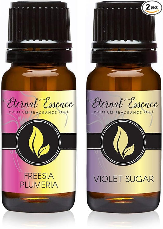 Eternal Essence Oils 2 Pack 10ml Premium Fragrance Oil - Freesia Plumeria & Violet Sugar - for Candle, Soap Making, Aromatherapy, Diffusers, Home Care, & Humidifiers