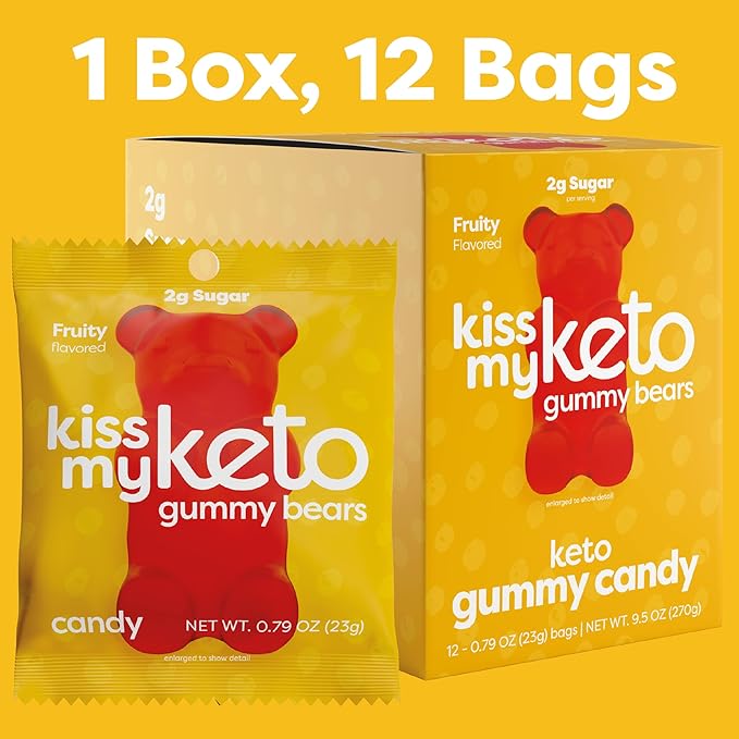 Kiss My Keto Sugar Free Gummy Bears, 12-Pack – Satisfy Cravings while Staying in Ketosis – High Fiber, 3g Net Carbs, Non-GMO, Vegan, & No Gluten – Fruity Sugar Free Gummies