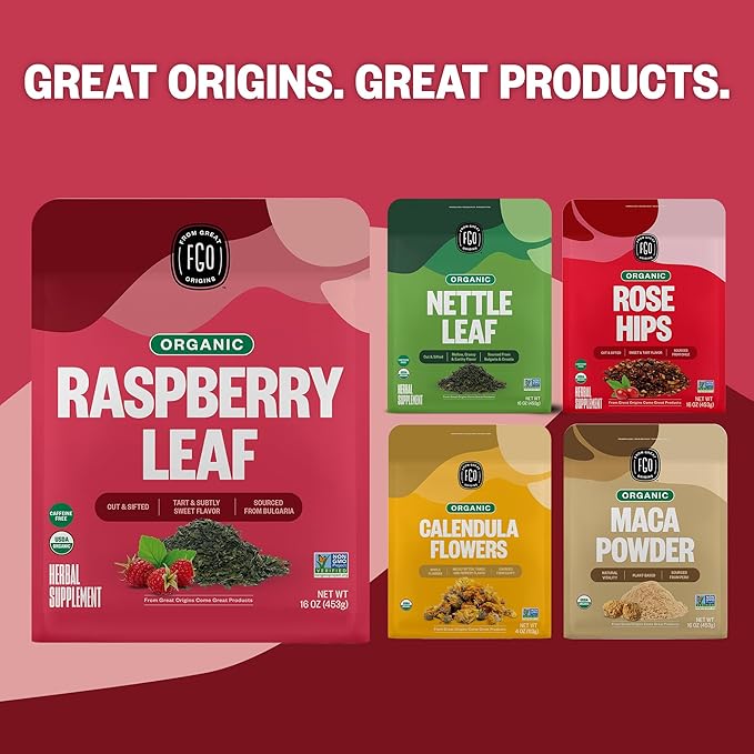 FGO Organic Red Raspberry Loose Leaf Herbal Tea, Cut and Sifted, Caffeine Free, 16oz Bulk Resealable Pouch, Packaging May Vary (Pack of 1)