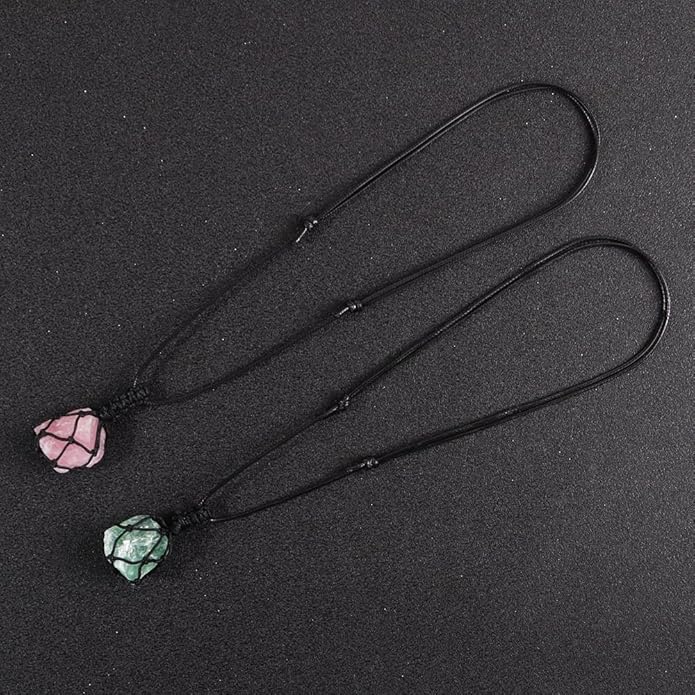 Handmade Natural Gemstone Crystal Pendant Necklace Stone Holder Necklace Cord Net Necklace with Adjustable Length for Women Men