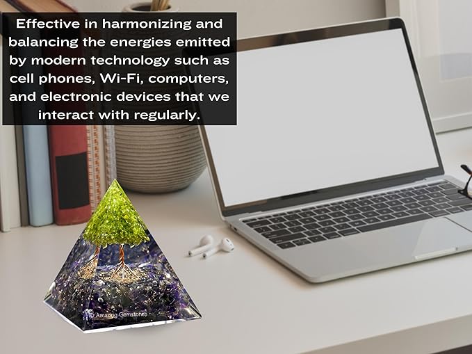 Amazing Gemstone Organite Orgone Pyramid Extra Large 105 MM - Orgone Energy Pyramid with Amethyst Crystals, Peridot Tree and Healing Stone - Orgonite Pyramids Crystals and Positive Energy