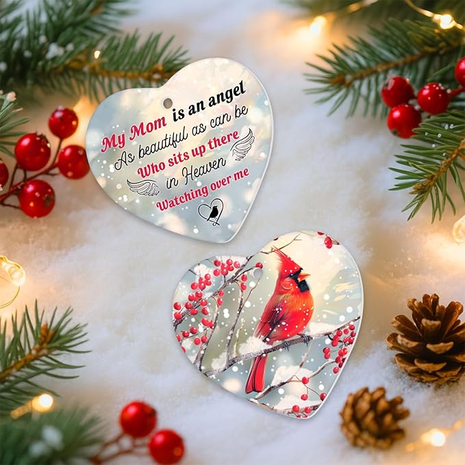 34HD Gifts for Christmas, Cardinal Christmas Ornament Ceramic Heart-Shapped, Cardinal Memorial Gifts, Christmas Decorations for Trees