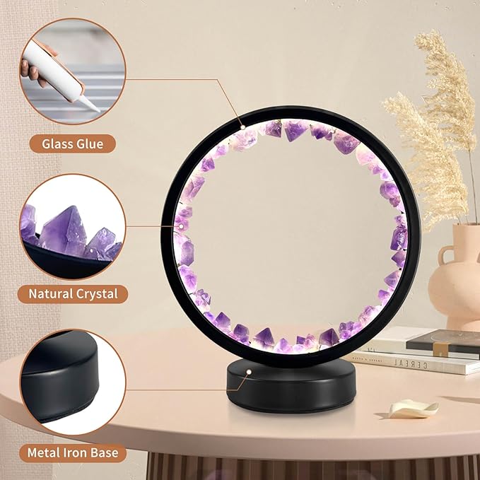 Amethyst Bedside Lamp,Healing Crystal Night Light,3-Colors Ambient Lighting USB Dimming Table Light,Natural Energy Decor for Bedroom Home Dating Gift