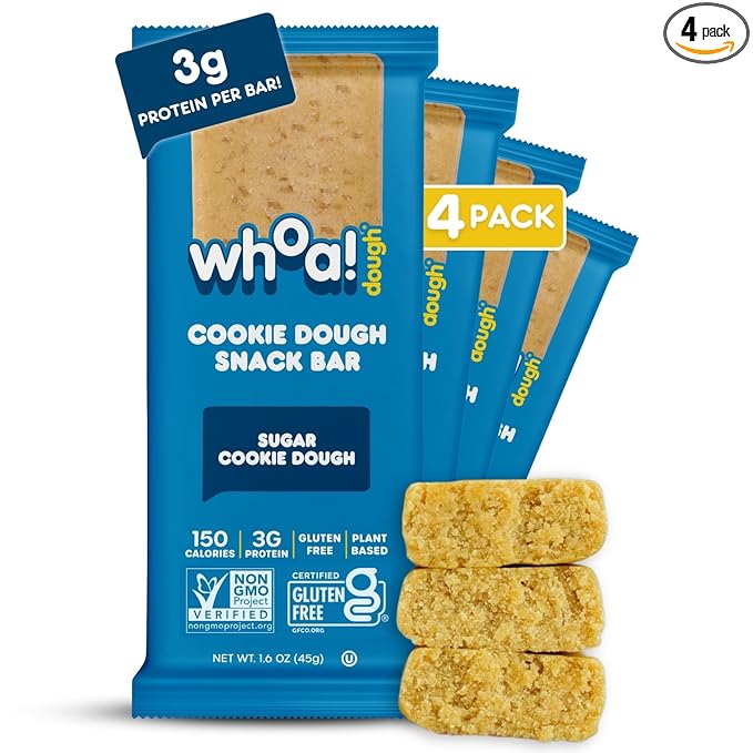 Whoa Dough Edible Cookie Dough Bars- Certified Non-GMO, Kosher and Gluten Free Bars - Healthy Snack Foods - Plant Based Snacks Made With Real Ingredients - Sugar Cookie Dough - 4 Pack