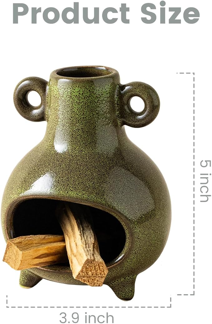 Ceramic Palo Santo Holder, Modern Incense Holder Burner for Sticks Sage Bundles Cone Incense, Chimenea Incense Dish for Meditation Decor, Green