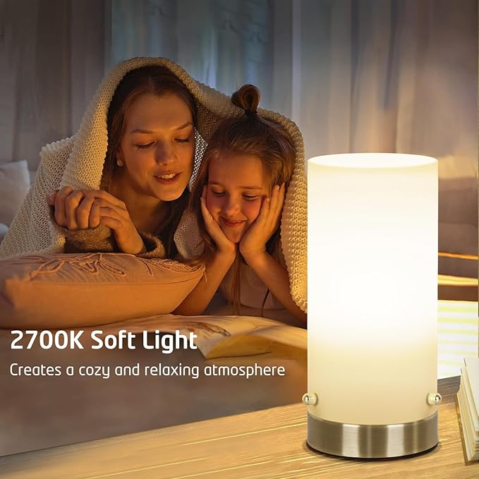 Bedside Touch Control Table Lamp for Bedroom 3 Way Dimmable Nightstand Lamp with Round Glass Shade for Living Room Kids Room Dorm Home Office(LED Bulb Included).