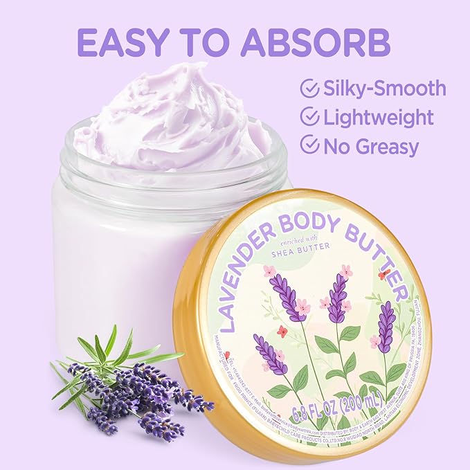 Lavender Body Butter, Natural Shea Body Butter for Dry Skin, Womens and Mens Body Care, Body Care for Deep Moisturizing and Hydrating-3.4 floz+6.8 floz