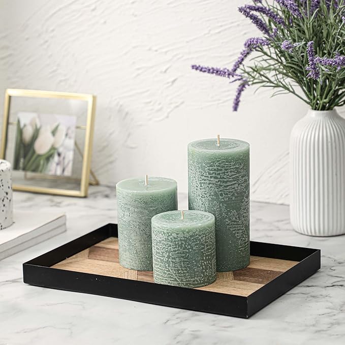 3x3 Inch Sage Green Pillar Candles Set of 3 - Unscented Spring Candles, Long Clean Burning, Large Big Candles, Smokeless Dripless Candles for Spring Home Decor, Dinner Table, Bathroom, Rustic Decor