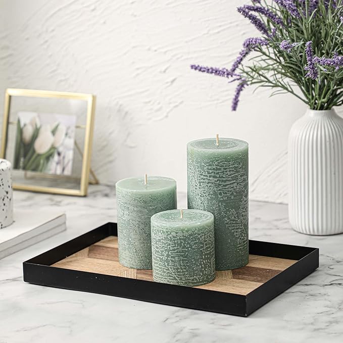 3x6 Inch Sage Green Pillar Candles Set of 3 - Unscented Spring, Long Clean Burning, Large Smokeless Dripless for Home Decor, Dinner Table, Bathroom, Rustic Decor