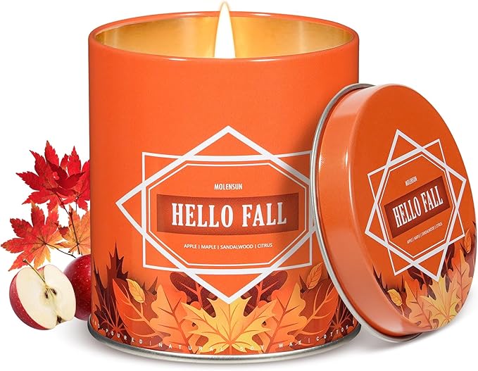 Hello Fall Scented Candle – 9 oz Soy Wax in Travel-Friendly Reusable Tin, Non-Toxic & Clean Burning, 50-Hour Burn – Cozy Autumn Fragrance, Holiday Gift & Fall Decor for Women & Men