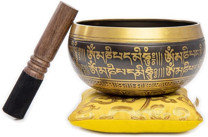 Tibetan Singing Bowl Set - Easy To Play Authentic Handcrafted For Meditation Sound Bowl Chakra Yoga Healing 4 Inches By Himalayan Bazaar (Black & Yellow)