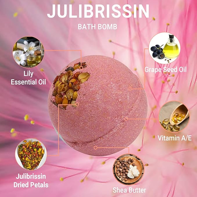 Bath Bombs for Women Spa Gift Set with Silk Tree Flower Essential Oils Sea Salt Moisturizing Relaxing Birthday Gift for Her Bubble Bath Skincare Relaxation Aromatherapy Gifts 1 Pack