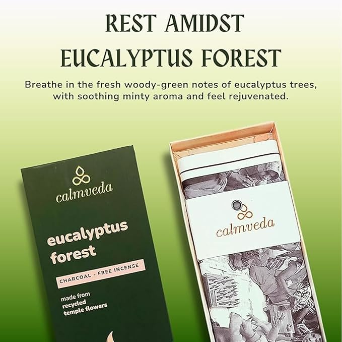 Forest Eucalyptus Incense Sticks - 80 Charcoal Free Incense Sticks, Made from Upcycled Flowers | Crisp, Refreshing Aroma of Rainforest, Transports You to Eucalyptus Forest